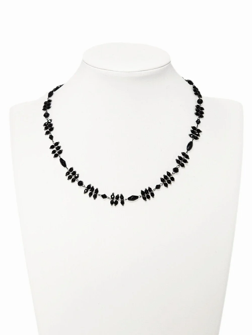 Delicate Faceted Black Beaded Gunmetal Chain Necklace